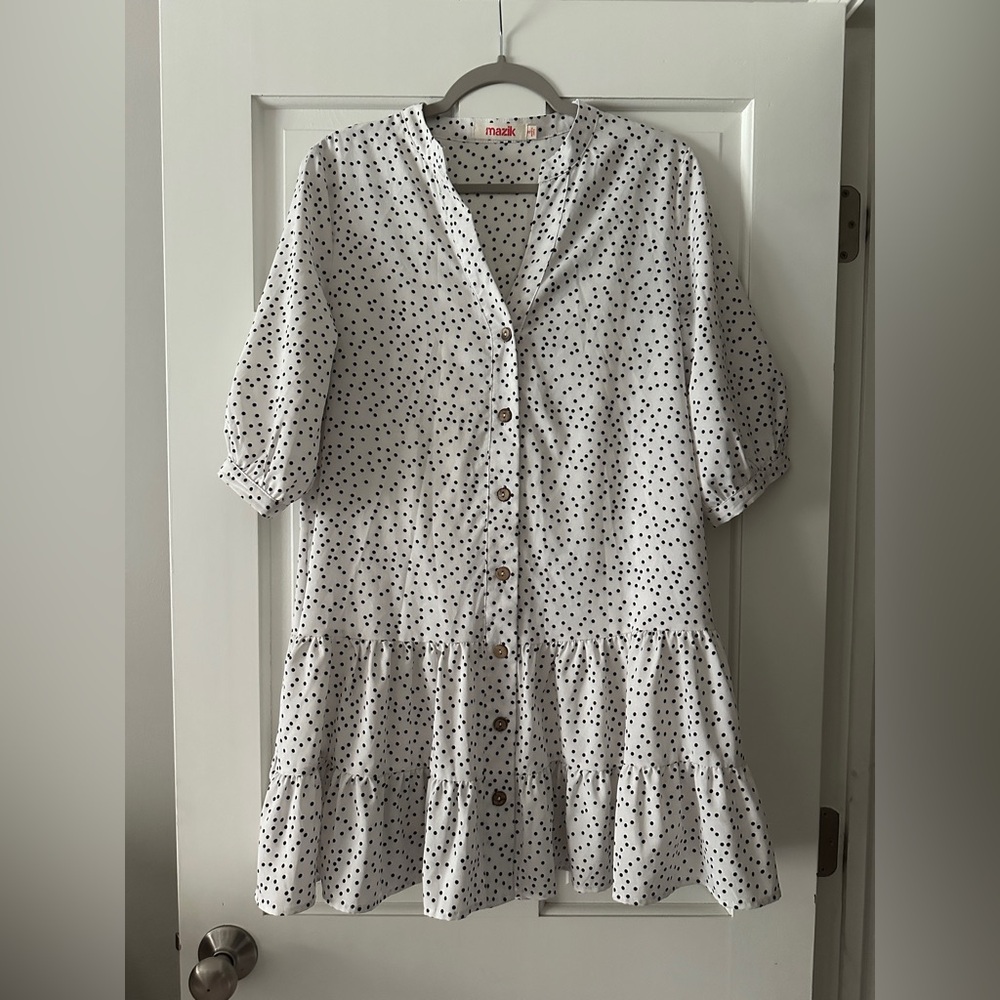 Mazik White Polka Dot Button Down Tiered Mini Dress With Slip